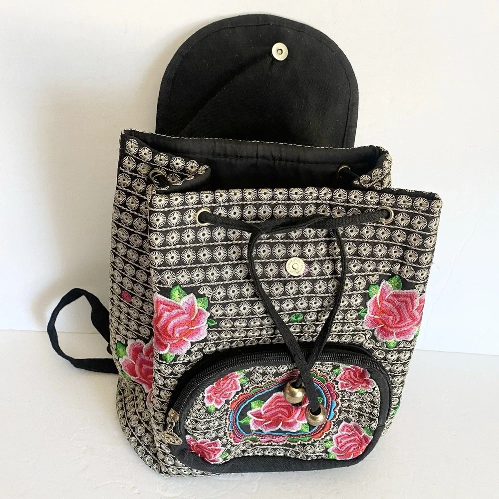 Unbranded Backpack Womens Medium Floral Rose Embroidered Boho‎ Black Excellent